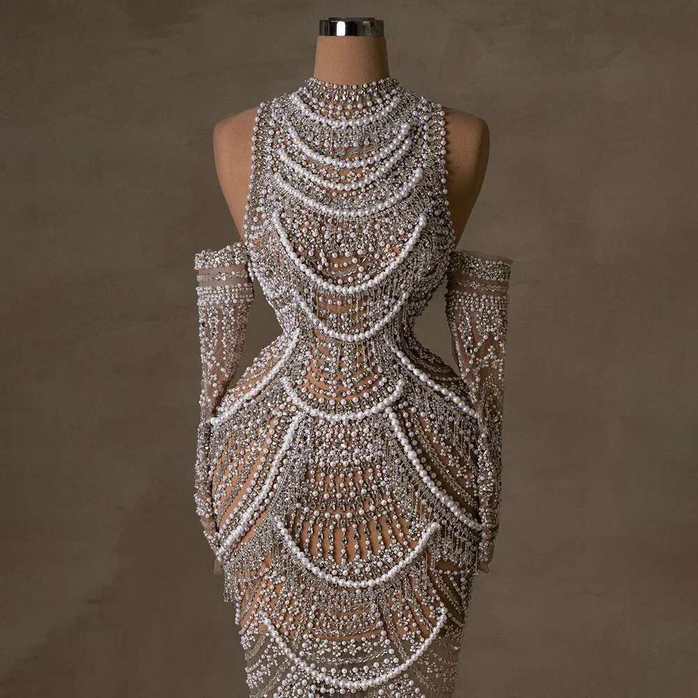 Hill Arabia Serene Nude Mermaid Elegant Evening Dress Gowns With Pearls Beaded For Formal Ocn LA A Customized Mal