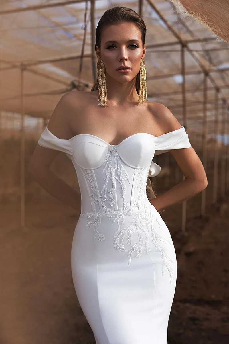Mermaid Wedding Elegant Sweetheart Dresses White Women 2024 Lace Applique Off The Shoulder Satin Bridal Gown Vestidos De Novia smile