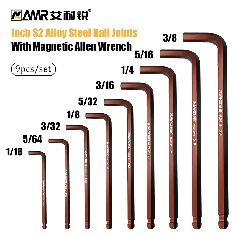 9pcs Allen Wrenches 2025 Sets Long Arm new Ball End Inch (Standard) SAE Hex 1/16inch-3/8inch S2 Steel