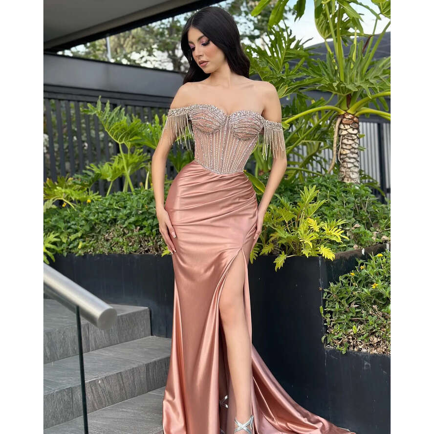 Rosy Gold Prom Dress Crystal Tassels Off Shoulder Evening Dresses Bodice Split Satin Formal Long Special Ocn Party Gown