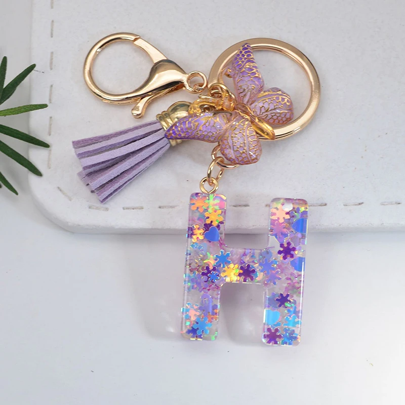 fa ba Letter Butterfly Sequin A Z Shiny Keychain Resin Couple Initial Purple Stars Filled Pendant Keyrings Bag Car Key Charm Ornament