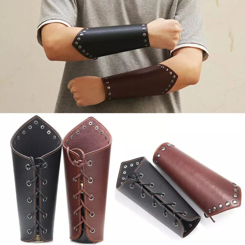 Cosplay PC Props 1 Faux Leather Wide Bracer Lace Up Arm Armor Cuff String Steampunk Vintage Medieval Gauntlet Wristband Bracelet smile