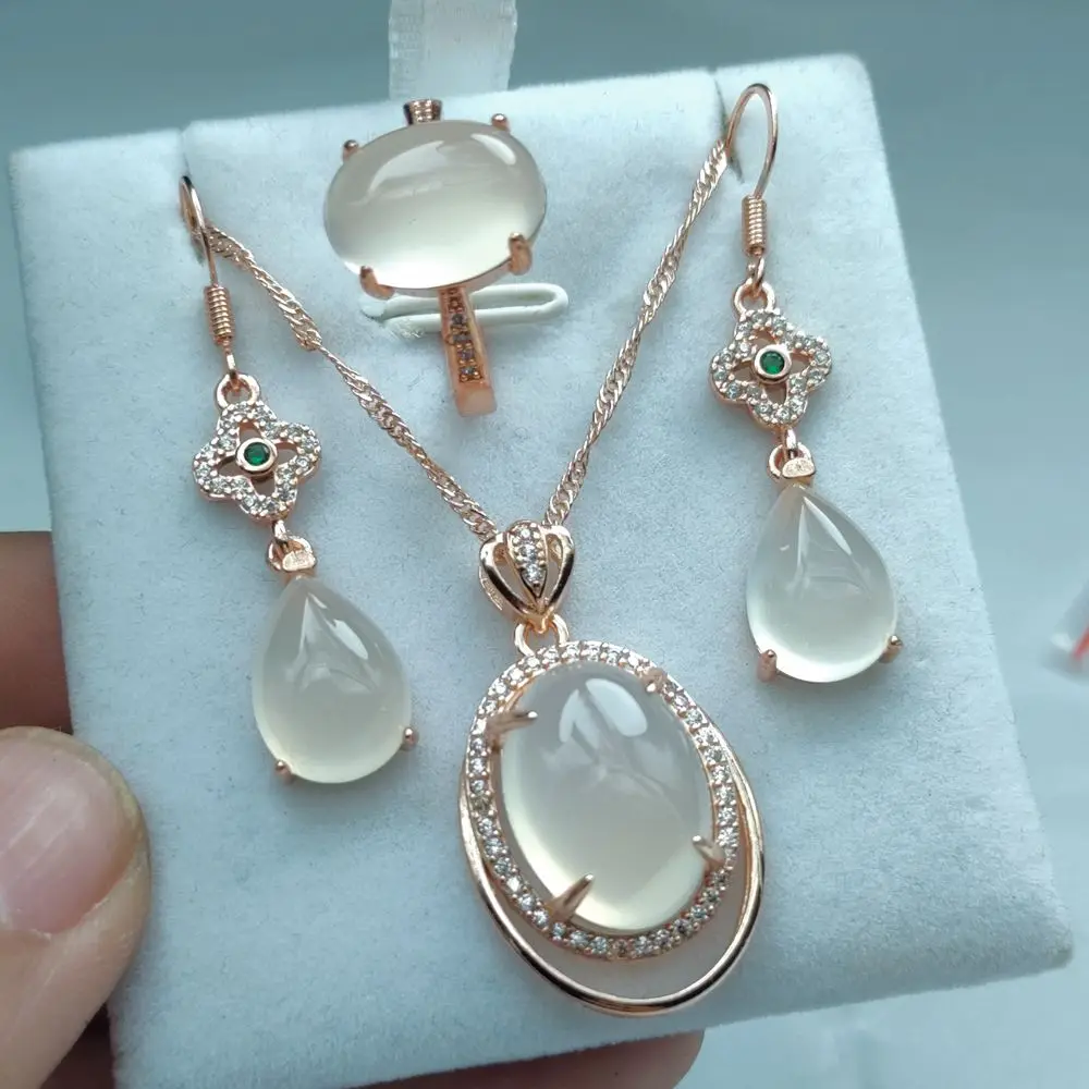 S Natural White Suits ddmysmile Chalcedony Sier Plated Stone Set Lady Agate Ring Water Drop Earrings HANFU Jewelry Gemstone Pendant Smile