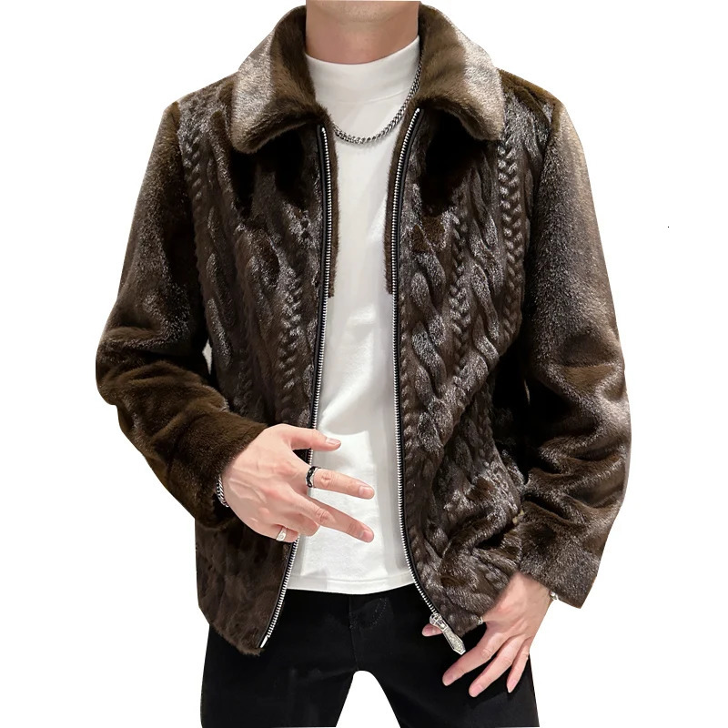 Winter high-quality mink coat mens fashionable polo collar thick leather coat casual plus size solid color coat 241108