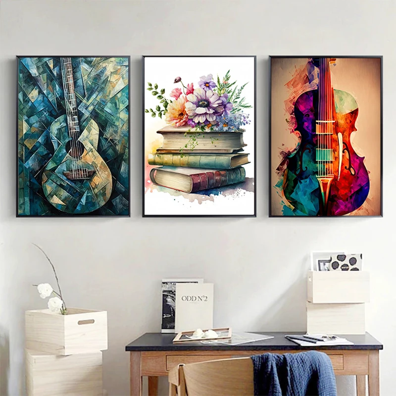 Watercolor Guitar and Books Poster Canvas Painting Modern Wall Art Picture for Living Room Study Office Home Decor Gift Idea