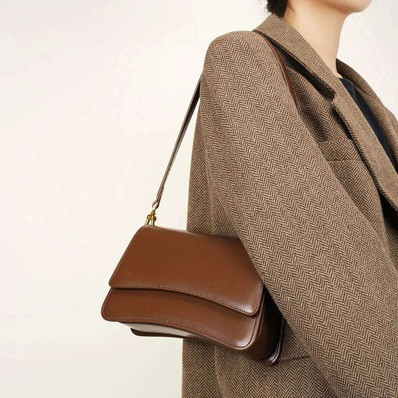 Underarm Cowhide Genuine Leather Handbags Women Vintage Shoulder Bag Female Bags Womens High Quality Zipper Style Check BagVoyage