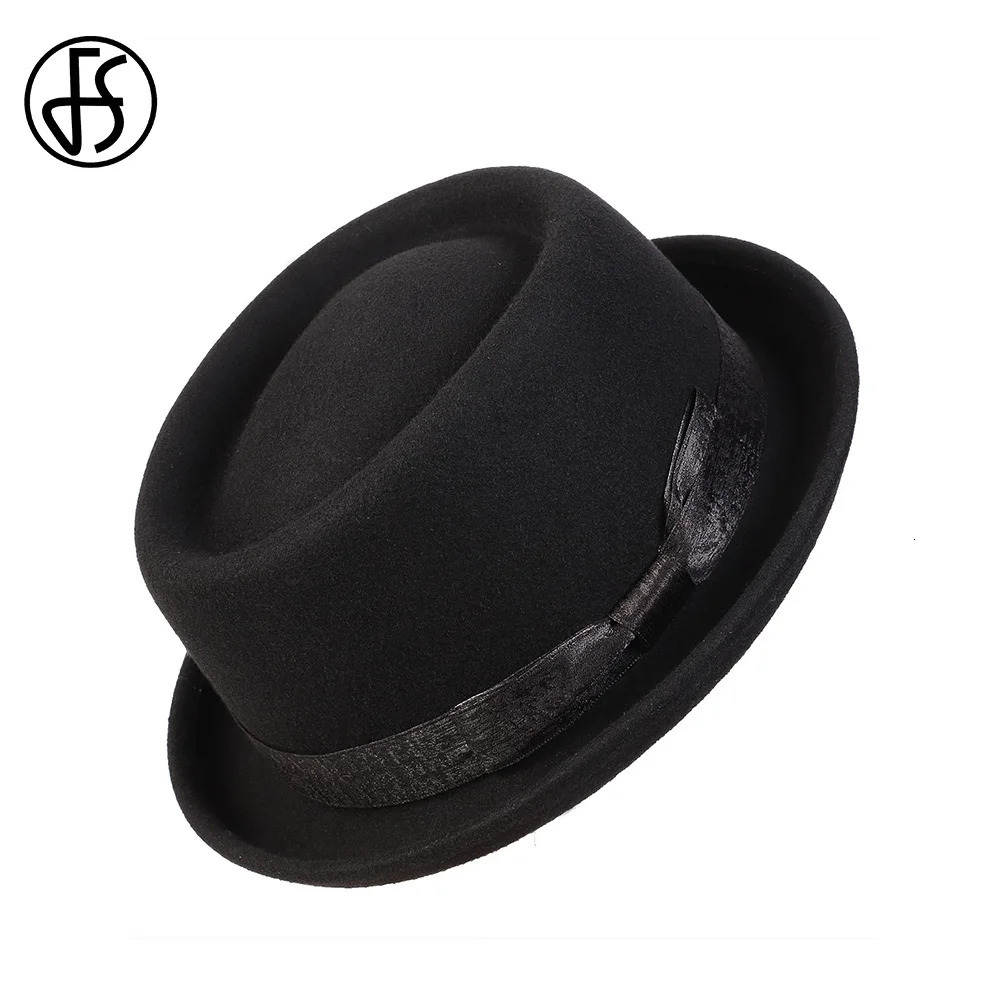 FS 2024 Black Pork Chop Hat Wool Felt Bow Mens Fedora Jazz Hat Church Panama Gangster Hat Mens Fashion Pigskin Hat 241108