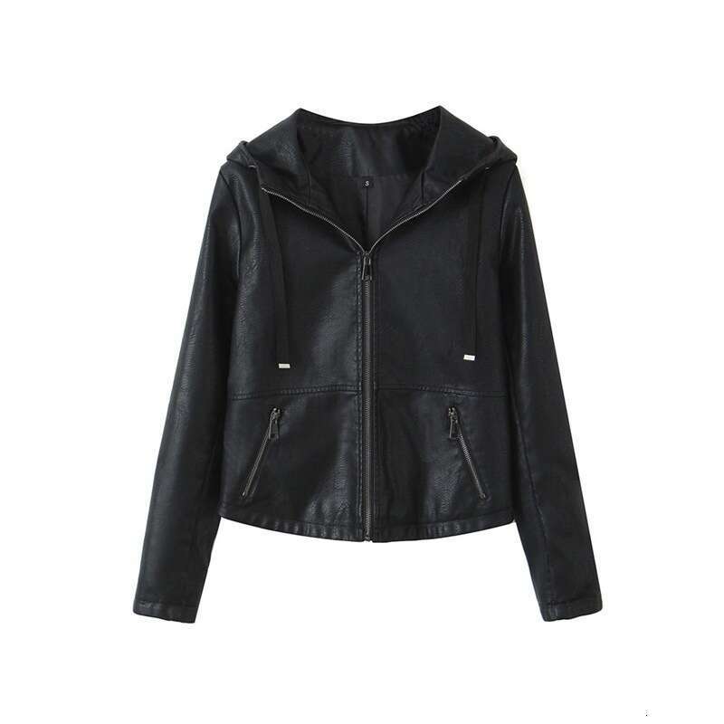 shanshi leather jacket women Hooded loose jacket spring and autumn coat women's PU washed leather motorcycle top