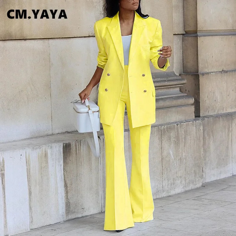 CMYAYA Basic Elegant Womens Tracksuit Double Breasted Blazers and Straight Flare Pants Suit Matching Two 2 Piece Set Outfits 240329
