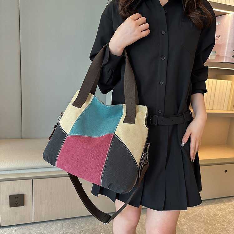 Simple and fashionable women's bag contrast canvas bag women's large capacity contrast splicing cloth bag new one shoulder handbag
