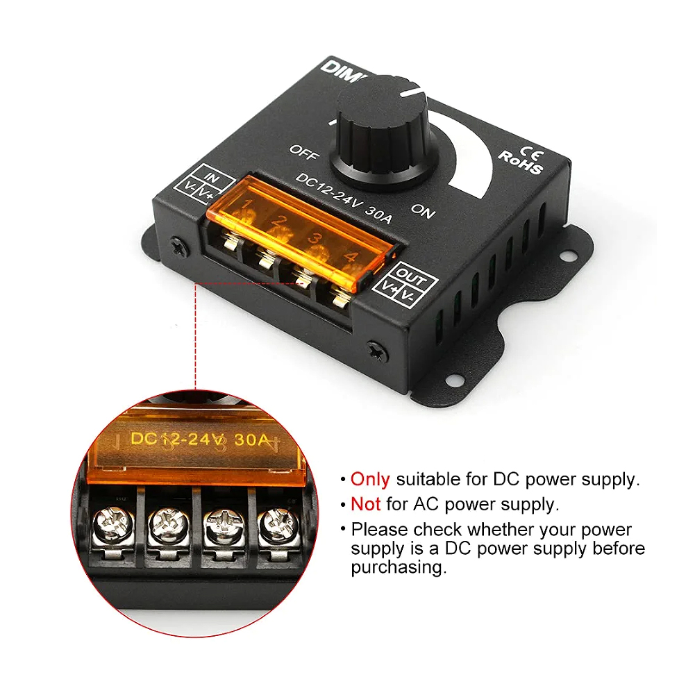 DC 12V 24V Dimmer Switch 30A 360W Voltage Regulator Adjustable Controller for Strip Light Lamp LED PWM Dimming Dimmers