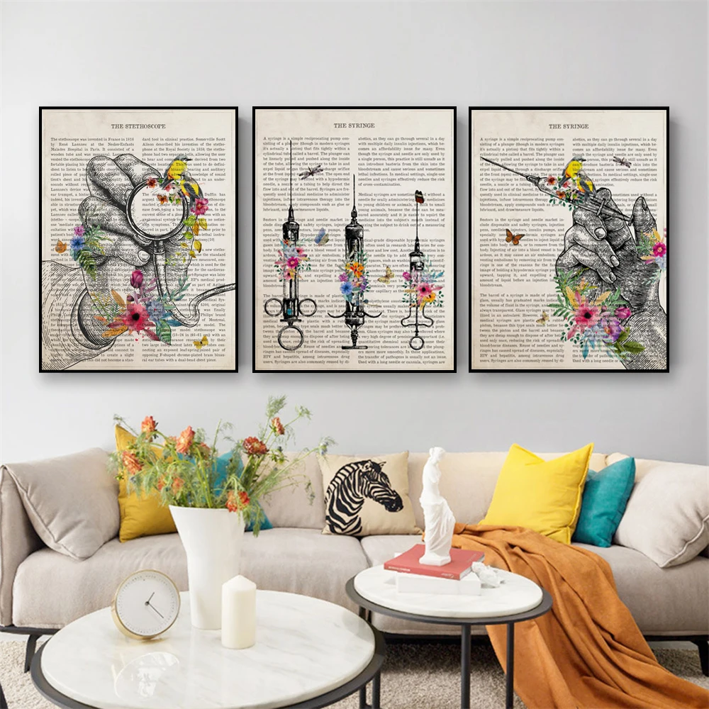 Poster with Modern Stethoscope Flowers Print Medical Wall Picture Canvas Painting Nurse Doctor Gift Hospital Clinic Office Decor smile