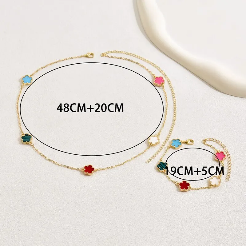 Colorful 2 Flower Pcs Necklace Bracelet Set New Design Copper Chain Gold Plating Jewelry Set Women's ddmysmile Temperament Gift Smile