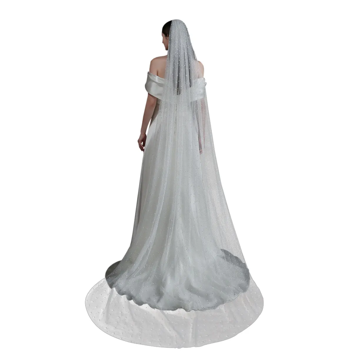 Bridal V865 Exquisite Wedding Cathedral Veil 1-T Tulle Pearls Sier Sequined Long White Brides Veil ddmysmile Women Marriage Accessories Smile