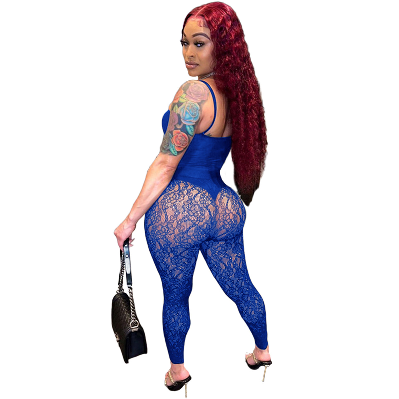 womens designer clothing Sexy Sleeveless Bodysuits See Through Lace Leggings two piece set women Summer Sheer Outfits Night Club Wear designer tracksu