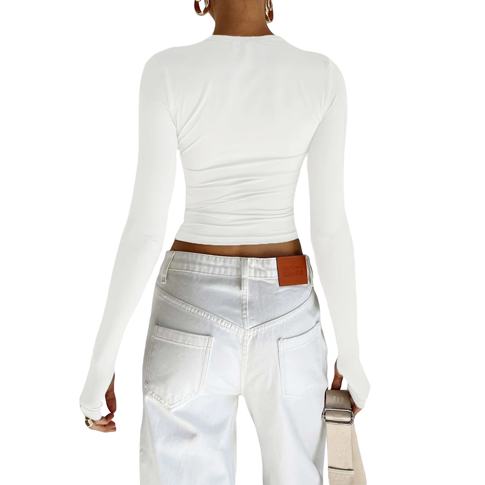 Women's Long Sleeve Tops Fall Solid Color Slim Fitting Crop Tops Crew Neck Tight Tee Shirts with Thumb Holes Stretch T-Shirts