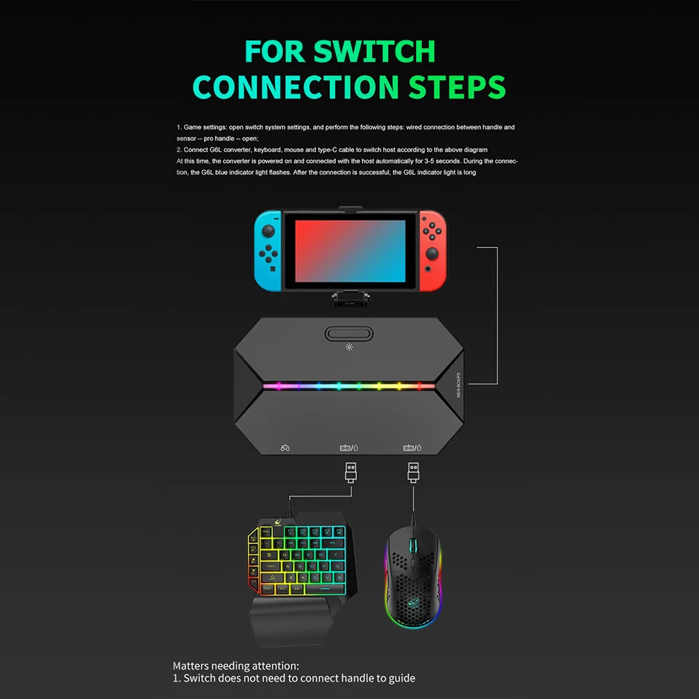 G6L Gaming Keyboard Mouse Converter Wired Mobile Controller Adapter for Nintendo Switch/Xbox One/PS4 Game Console Mobile Control