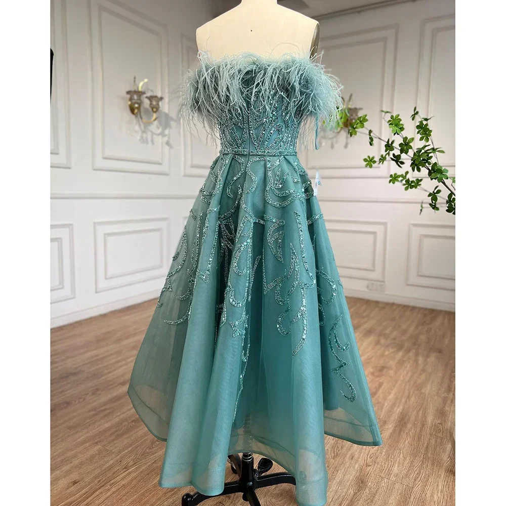 A-E Arabic Lilac Ankle Length Beaded Feather Evening Dresses Gowns For Women Party