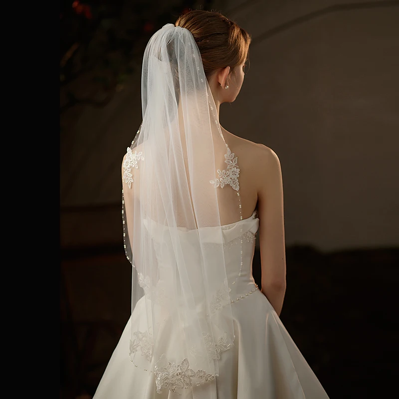 Exquisite Bridal V752 Wedding Veil One-Layer Tulle ddmysmile Lace Appliqued Handmade Beading Edge White Brides Veil Smile