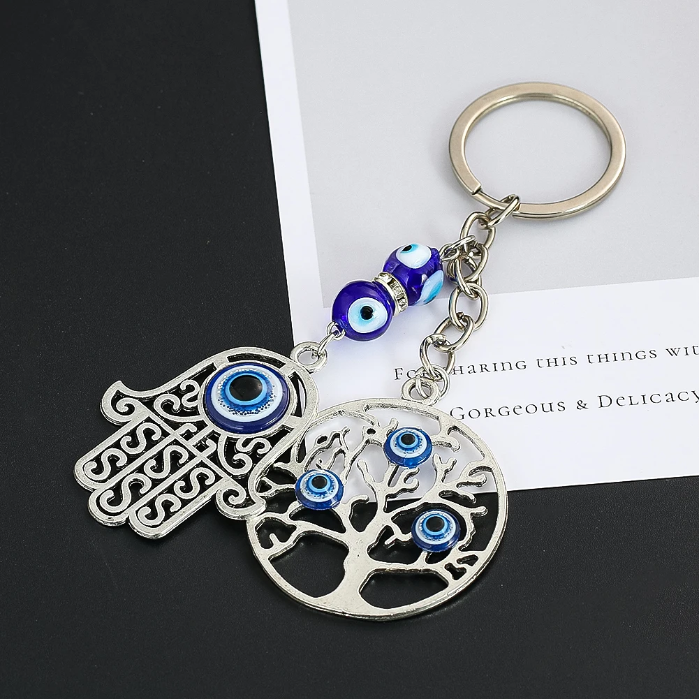 Life Of Energy Tree Hamsa Fatima Hand Palm Turkish Blue Devil Eye Metal Pendant Keychain Lucky Fortune ddmysmile Mascot Purse Dangle Decor Smile