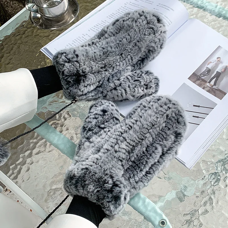 Real Women's Rex Winter Rabbit Fur Gloves Warm Thick Ladies Fur Mittens Elastic Girls Ski Glove Mitts Elastic Soft With String smile