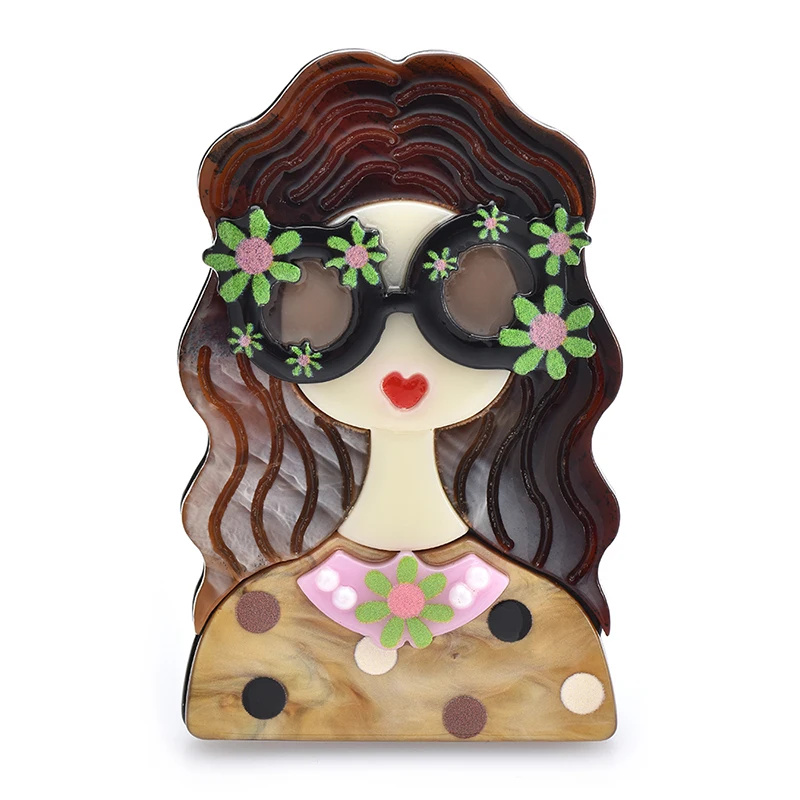 Wuli&baby Acrylic Beautiful Lady Brooches For Women 4-color Wear Flower new Glasses Girl Figure Party Casual 2025 Brooch Pins Gifts