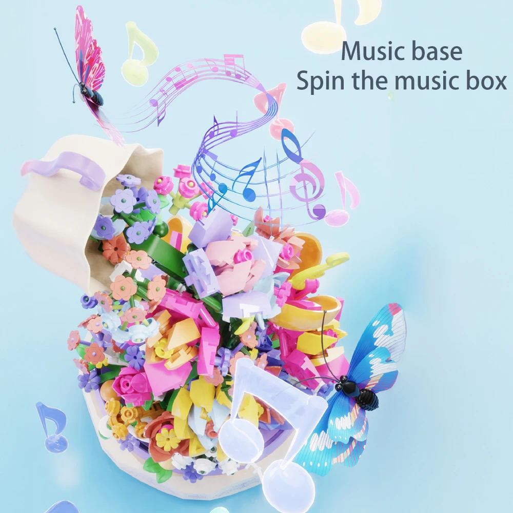 Creativity Newest Blue City Butterfly Music Box Flower Basket Bouquet Model DIY Building Blocks Bricks Toys For ddmysmile Adult Girls Gift Smile