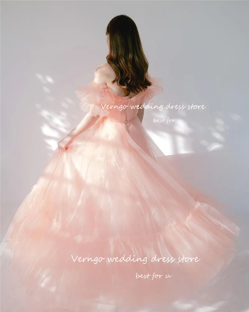Fairy Tulle 2023 Verngo Blush Pink Tulle Prom Dresses Korea Lady Short Sleeves Floor Length Simple Evening Gowns Party Dress smile