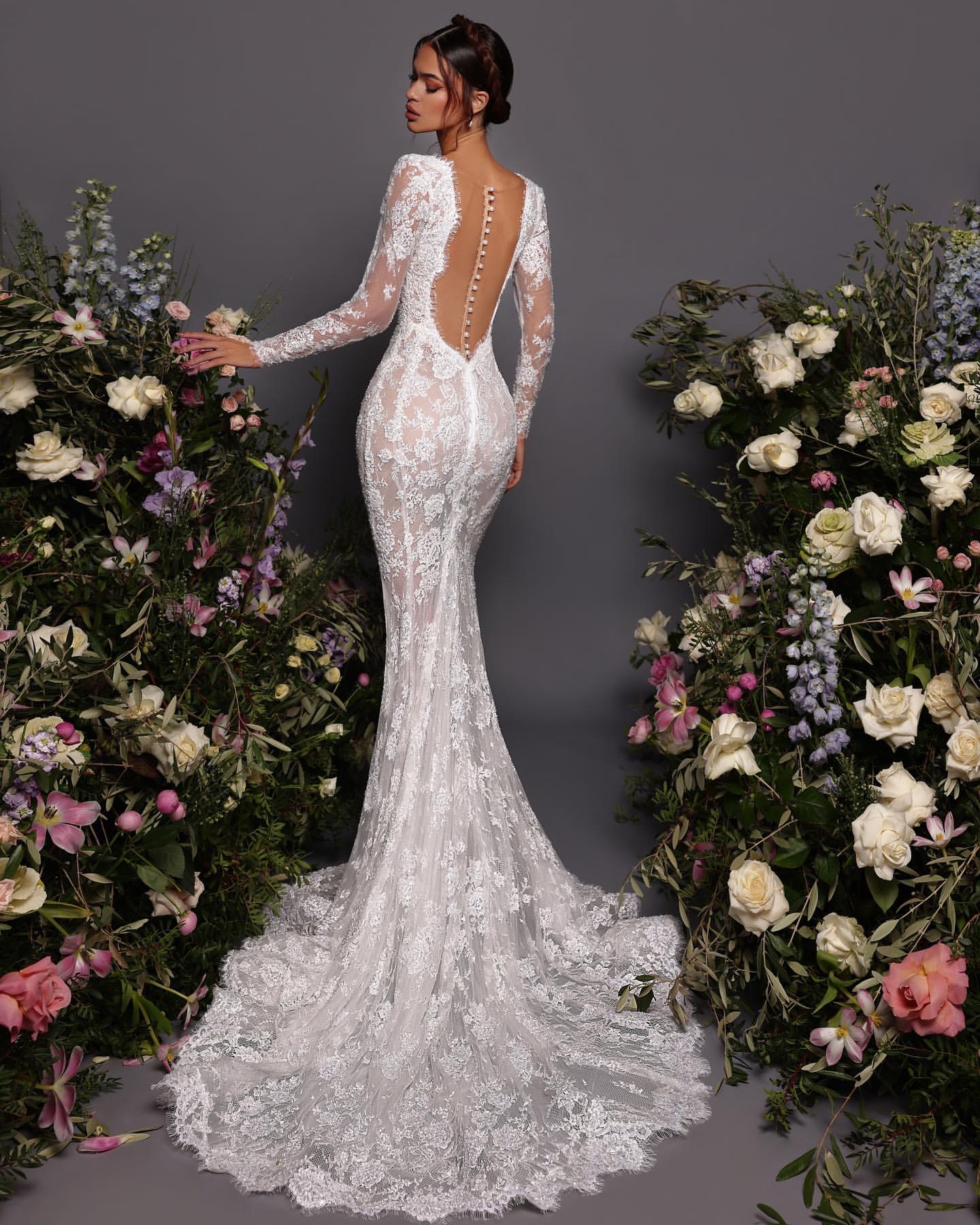 Fabulous Lace Mermaid Wedding Dress For Bride V Neck Long Sleeves Wedding Dresses Bridal Gowns Sheer Button Back Bridal Dress 0516