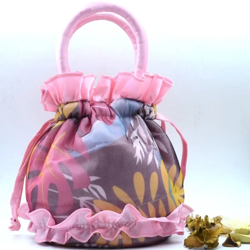 Handbag Purse Hand-Ed Coin Mobile Phone Bag ddmysmile Lace Fabric Bag Ethnic Style Handbag Drawstring Bucket Bag Flowers Smile