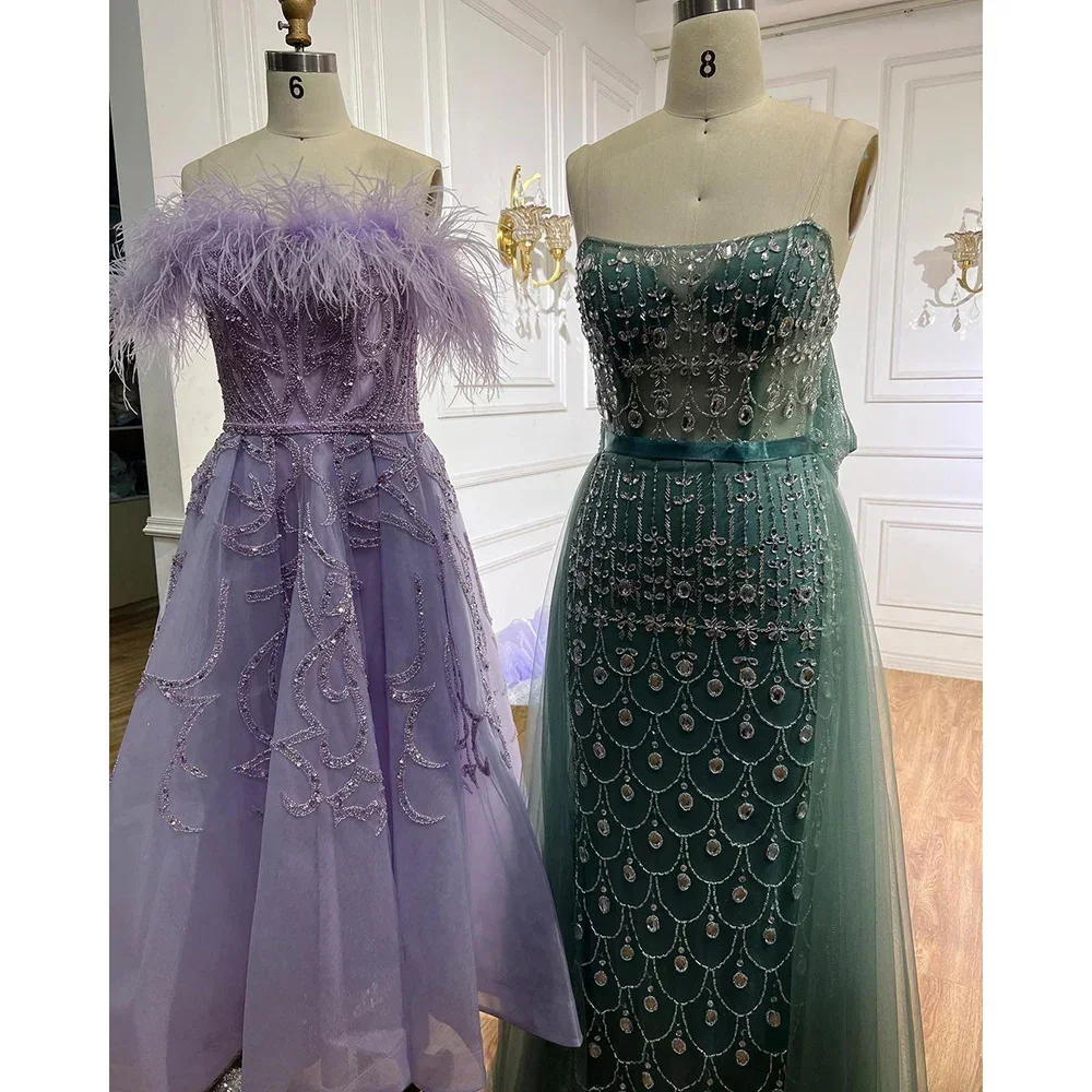 A-E Arabic Lilac Ankle Length Beaded Feather Evening Dresses Gowns For Women Party