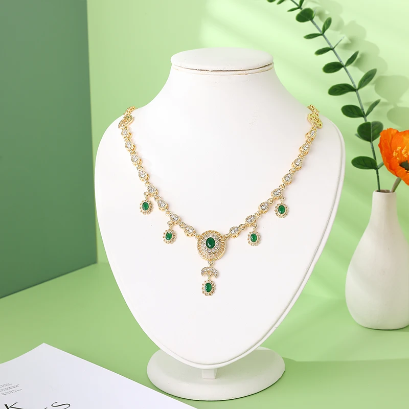 Eardrop Gold Color Necklace Arab Wedding Caftan Accessories Gift Moroccan Bride Crystal Hair Earrings Jewelry Set Round Design smile