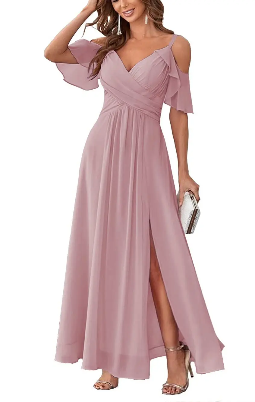 CloverBridal Cold Shoulder Summer Junior Bridesmaid 2025 new Dresses Corset Back Floor Length A-line High Slit Wedding Party Gown WB9819