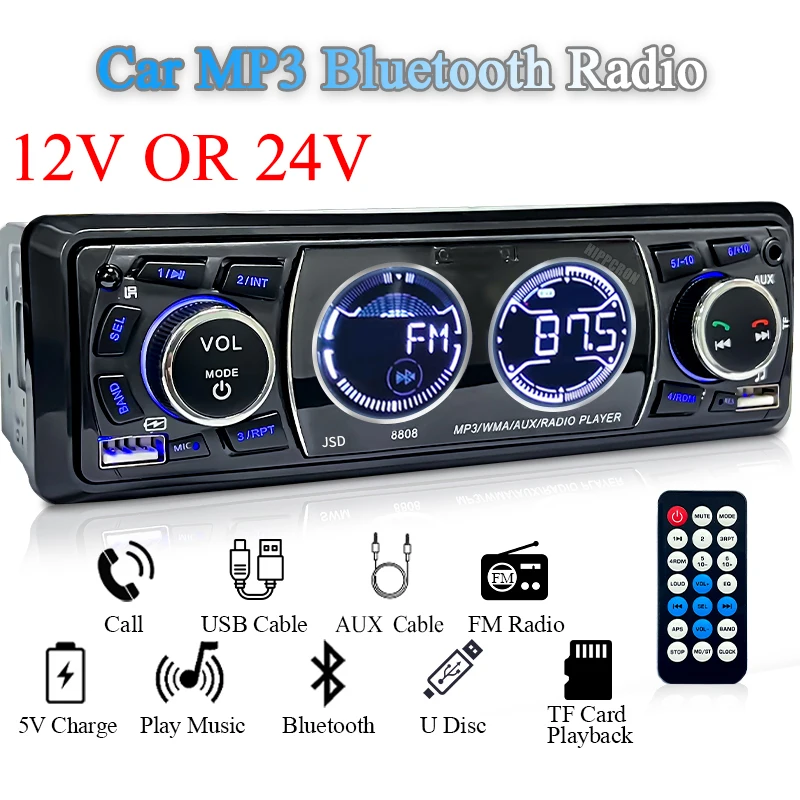 SINOVCLE Car Radio 1din Audio Bluetooth Stereo MP3 Player FM Receiver 60Wx4 Support Phone Charging AUX/USB/TF Card In Dash Kit