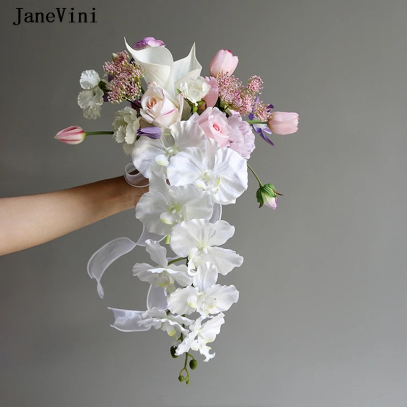 Korean JaneVini Waterfall Romantic Bridal Bouquets Pink Purple Silk Roses Cascading Artificial Flowers for Wedding Decorations smile