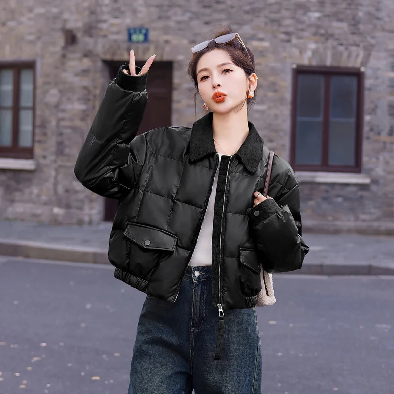 Womens down jacket vintage collar jacket brown PU leather shorts Korean loose winter jacket womens clothing 241108
