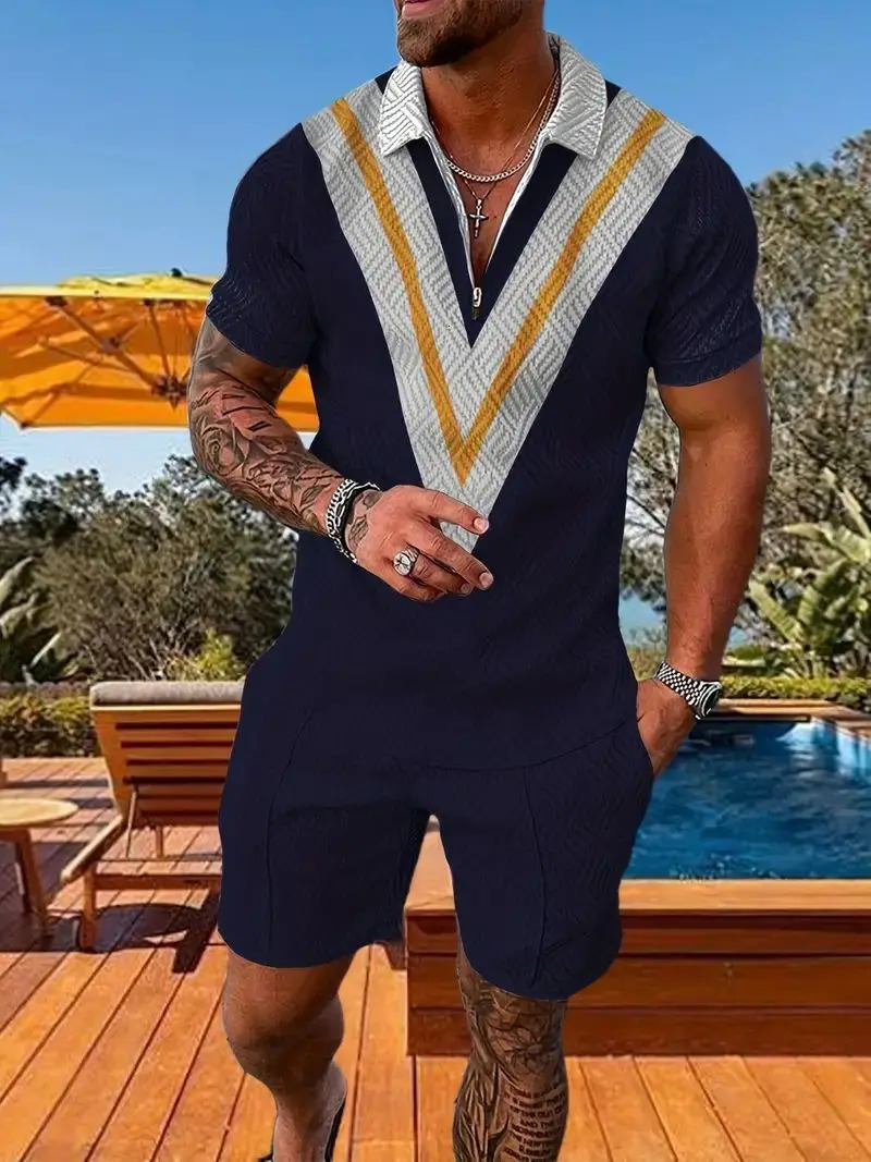 mens summer sports vacation set street leisure beach clothing 3D plaid patchwork short sleeved POLOshorts 2piece 240409