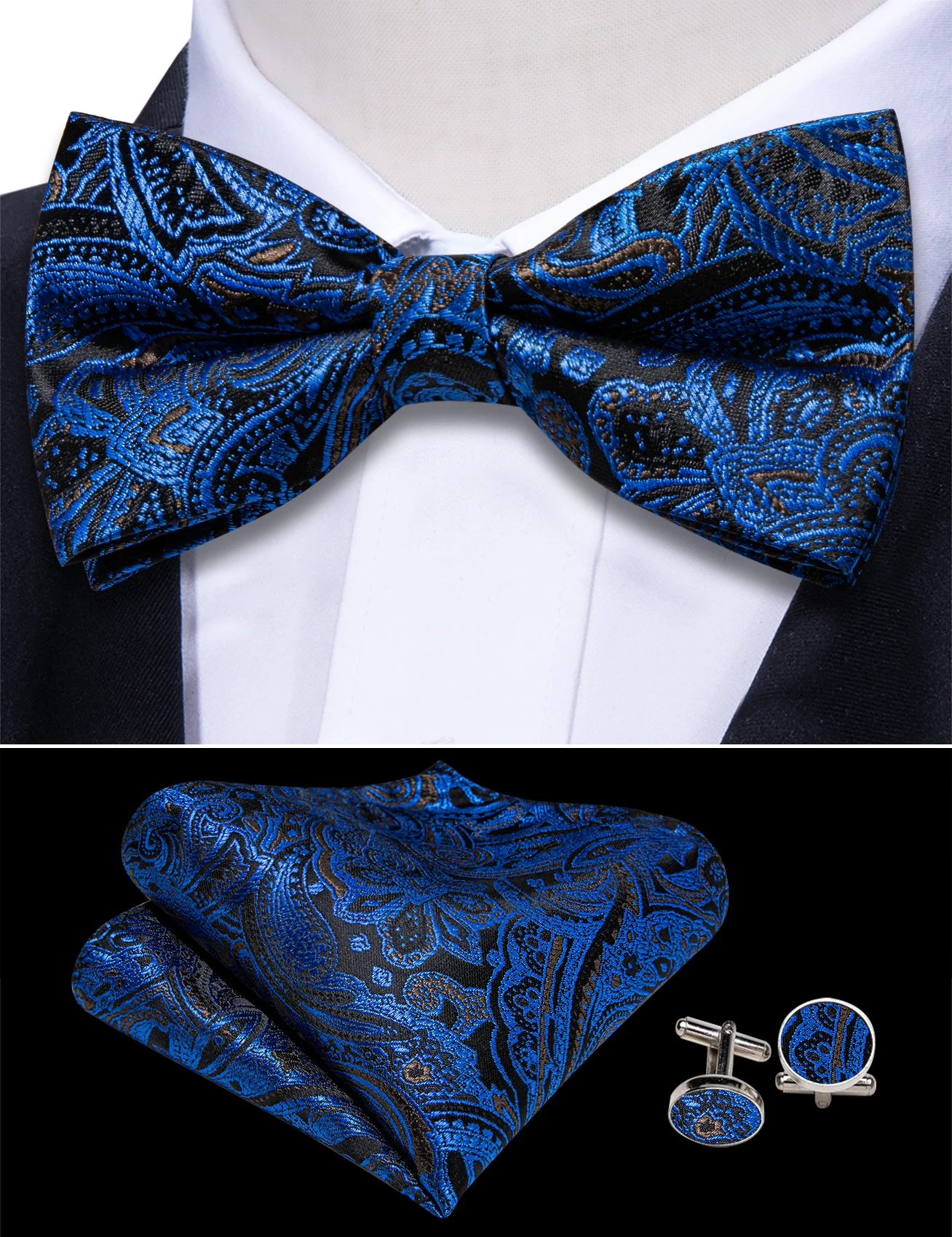 Cummerbund Blue Men Navy Silk Bowtie Pocket Square Cufflinks Sets Classic Paisley Male Accessories Wedding Party Barry.Wang 1031 smile