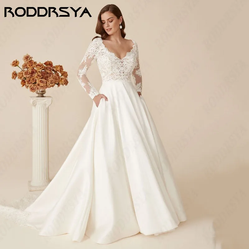 Lace RODDRSYA Sleeve Long A-line Wedding Dresses Simple Satin Sweep Train Insertable Pocket vestidos de novia Elegant V-Neck smile