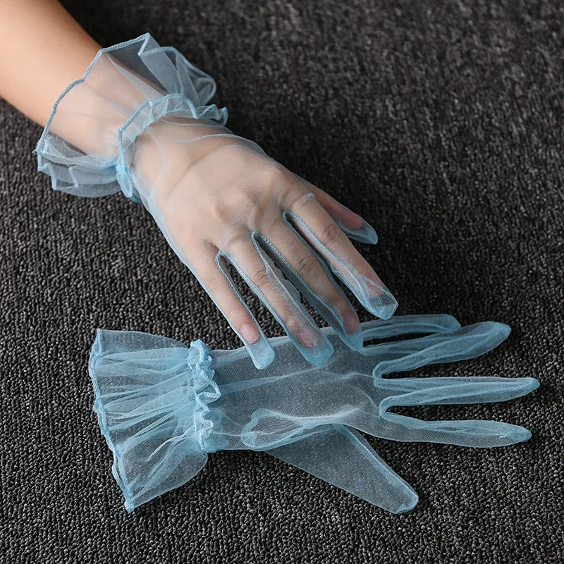 1 new Pairs Transparent Gauze Full Finger Gloves 2025 Ultra Thin Stretchy Short Tulle Gloves Wedding Elastic Lotus Leaf Sheer Mittens