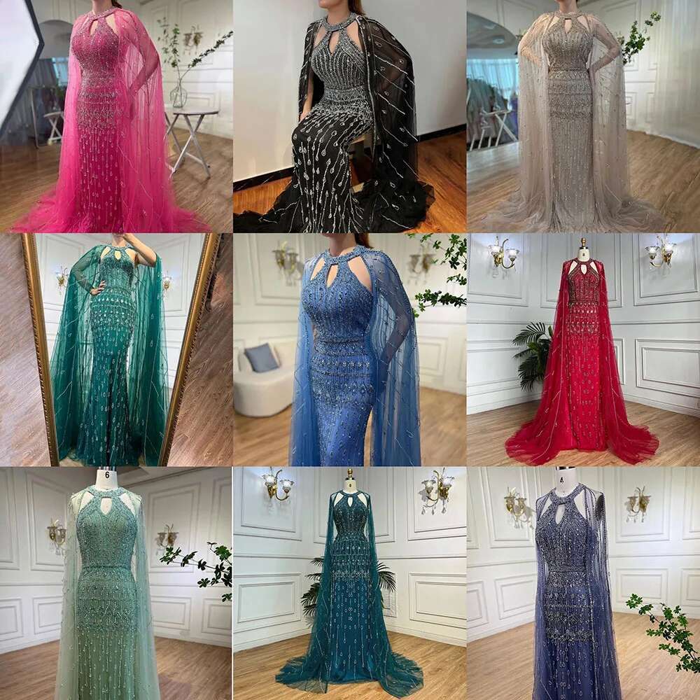 Serene Hill Mermaid Cape Beaded Evening Dresses Gowns For Arabic Party LA Customized