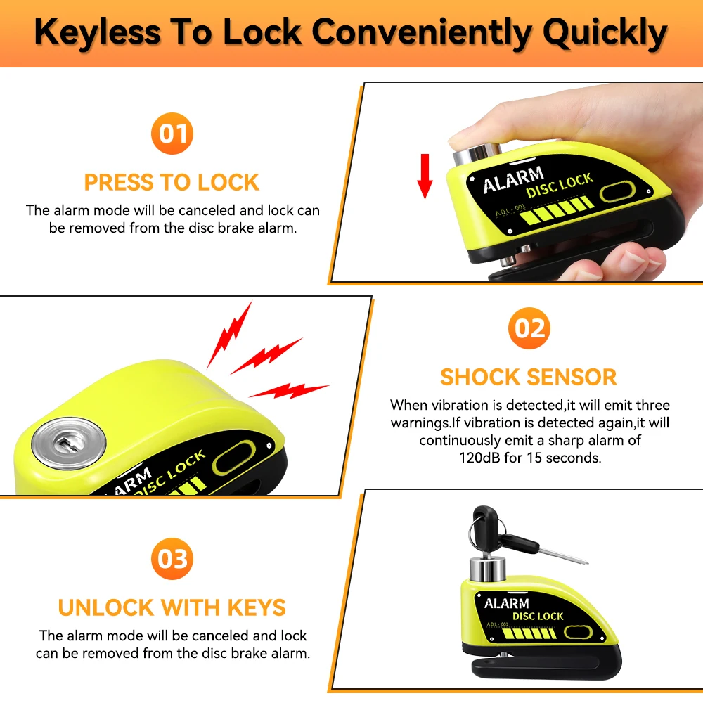 Ouspow Motorcycle Lock Rechargeable 120dB Alarm Disc Brake Locks Anti-Theft Security Wheel Disc Lock Waterproof with 1.8M Cable