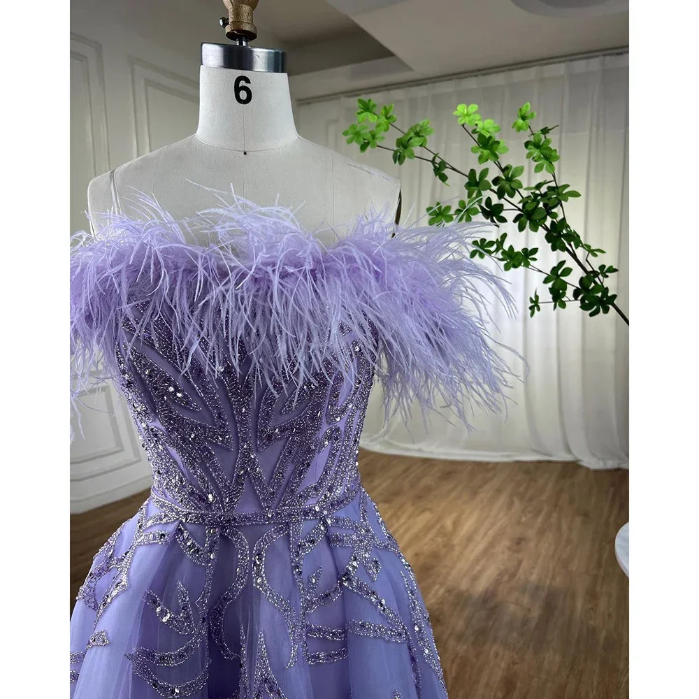 A-E Arabic Lilac Ankle Length Beaded Feather Evening Dresses Gowns For Women Party