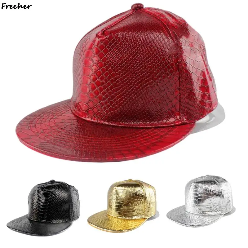 Leather Hip Hop Bright Hats Women Men Rock Baseball Cap Spring Winter Sun Hat Crocodile Pattern Trucker Hat Gold Snapback Gorras smile