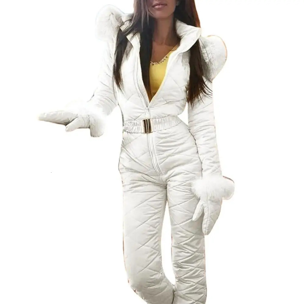 Womens winter outdoor zipper synthetic fur collar warm wool skiing jumpsuit 241106