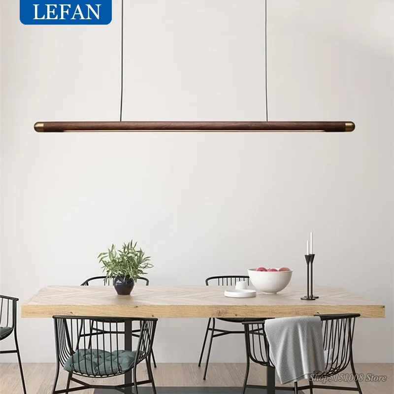 ddmysmile Table Black Walnut Dining Chandelier Simple Strip Wood Hanging Lamps Kitchen Fixture Home Decor Pendant Indoor Lighting Smile