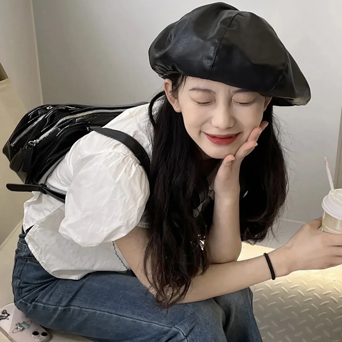 Winter Autumn Hats Y2K Women Berets Solid color PU Leather Big Size Beret Hat Black Brown Beige Berets smile