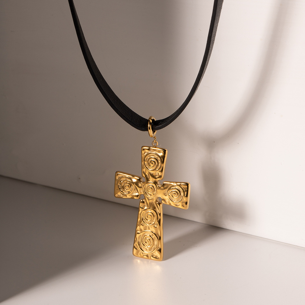 Textured Stainless Steel Cross Pendant, Leather Rope Necklace, Women's 18K Gold Plated Jewelry Wholesale