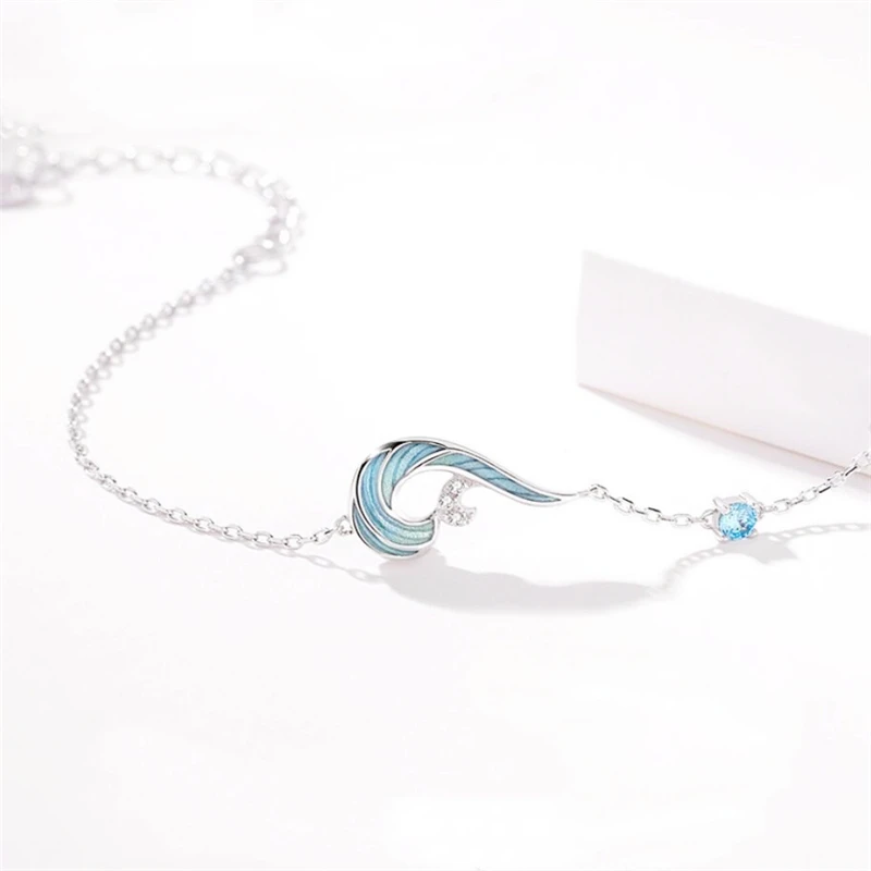 Sterling Sier WYEAIIR Blue Drip Glaze Enamel Wave Spray Fine Jewelry Female Resizable Bracelet smile
