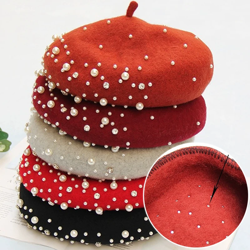 Elegant Cap Women Berets Thick Wool Pearls Beads Winter Hats Skullies Warm Beanies Vintage Cashmere Female Flat Solid Caps smile